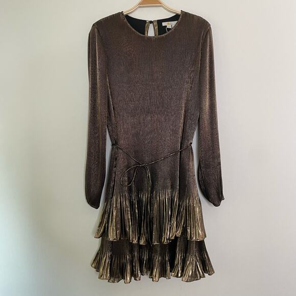 NWT Boden Plisse Mini Dress Size 10R Gold Metallic Shiny Ruffle Hem Tie Waist - Picture 2 of 12